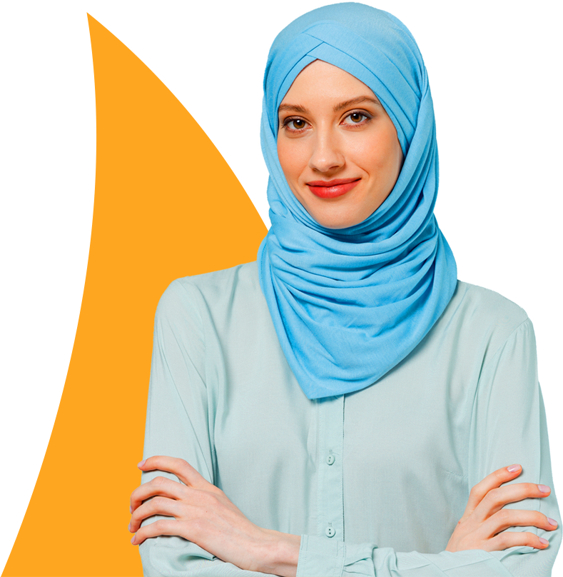 A person wearing a light blue hijab and a matching shirt stands with arms crossed, smiling softly. An orange abstract shape in the form of a sail is in the background. 