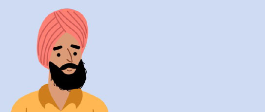 ACP-Narrow-People-Block5 Illustration of a man with a pink turban and black beard against a blue background.