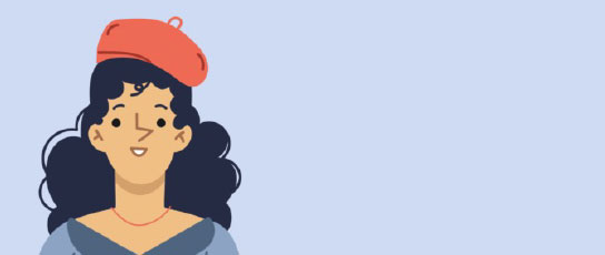 ACP-Narrow-People-Block7 Illustration of a smiling woman with black hair wearing a red cap on a light blue background.