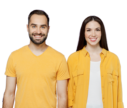Two people wearing yellow tops standing against a black background. 