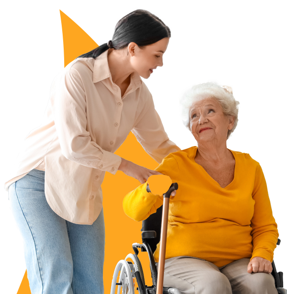 Woman in beige shirt assisting senior in yellow top sitting in a wheelchair.  
