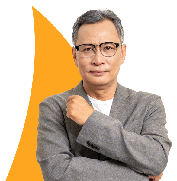 ACP-legal-banner2 Person in a gray suit with crossed arms against an orange background.