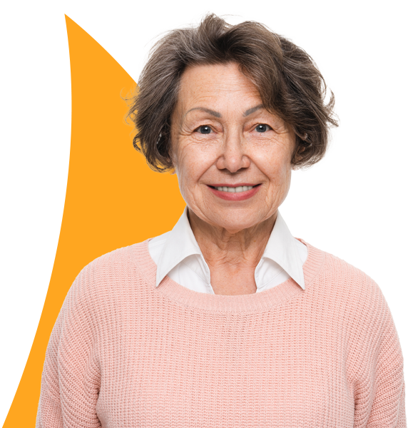 ACP-programs-banner2 An older person wearing a pink sweater over a white collar shirt, against a split black and orange background.