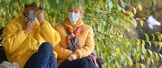 Narrow-Block-marlene Two people in yellow jackets sitting on a bench with green foliage around them.