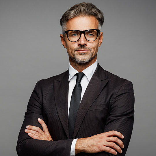 People-Block-31 Man in suit with arms crossed on gray background.