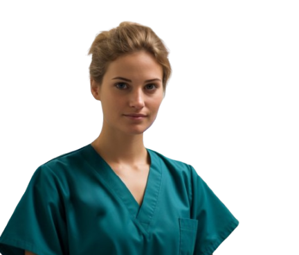 A blonde woman in scrubs with her hair in a bun